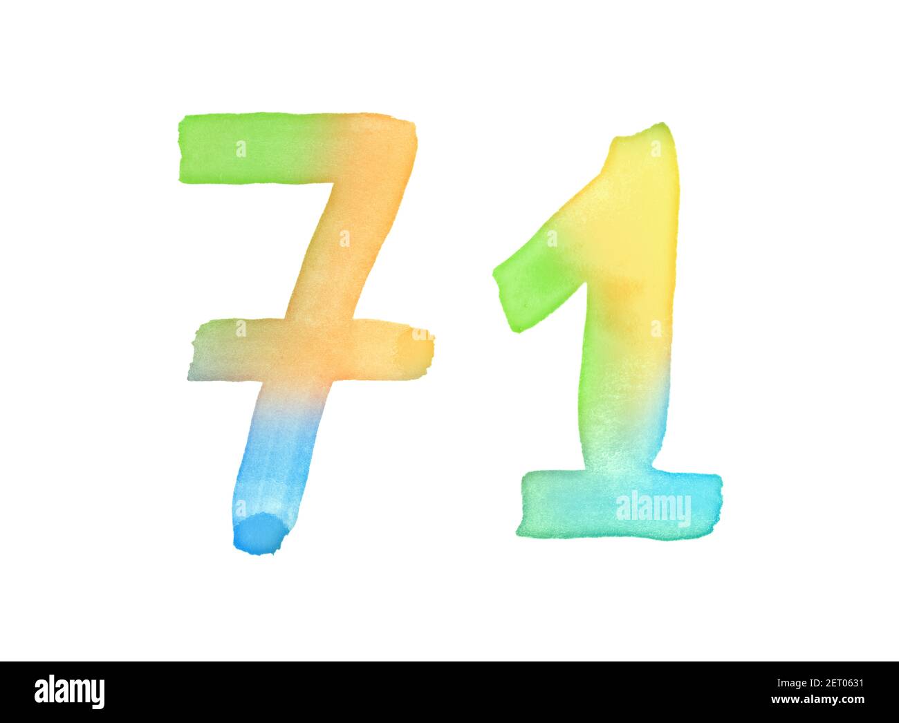 Aquarellnummern, handgezeichnet mit dem Pinsel. Mehrfarbiges Vintage-Symbol. Vorlage für Grüße, Design, Postkarten, Dekoration. Stockfoto