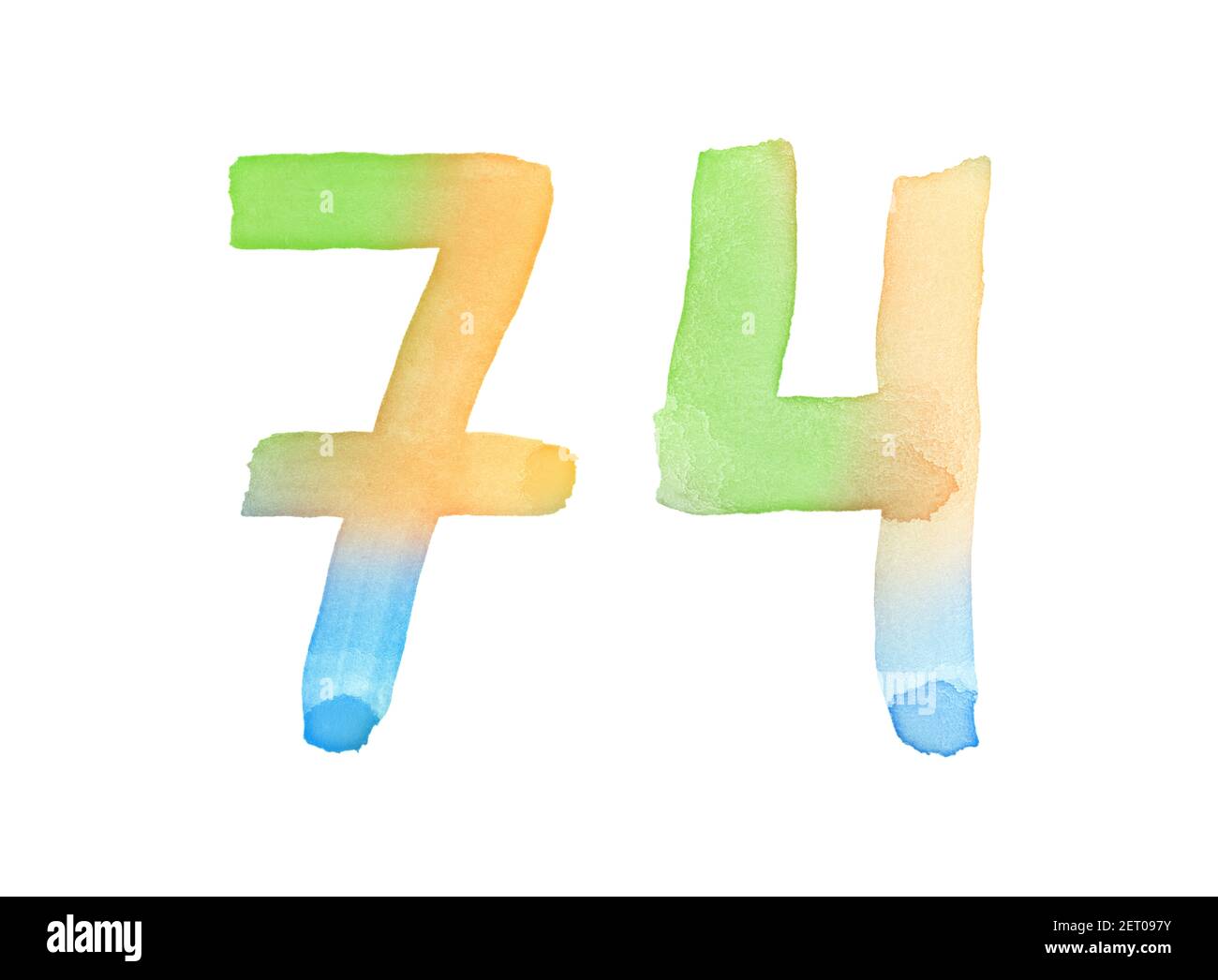 Aquarellnummern, handgezeichnet mit dem Pinsel. Mehrfarbiges Vintage-Symbol. Vorlage für Grüße, Design, Postkarten, Dekoration. Stockfoto