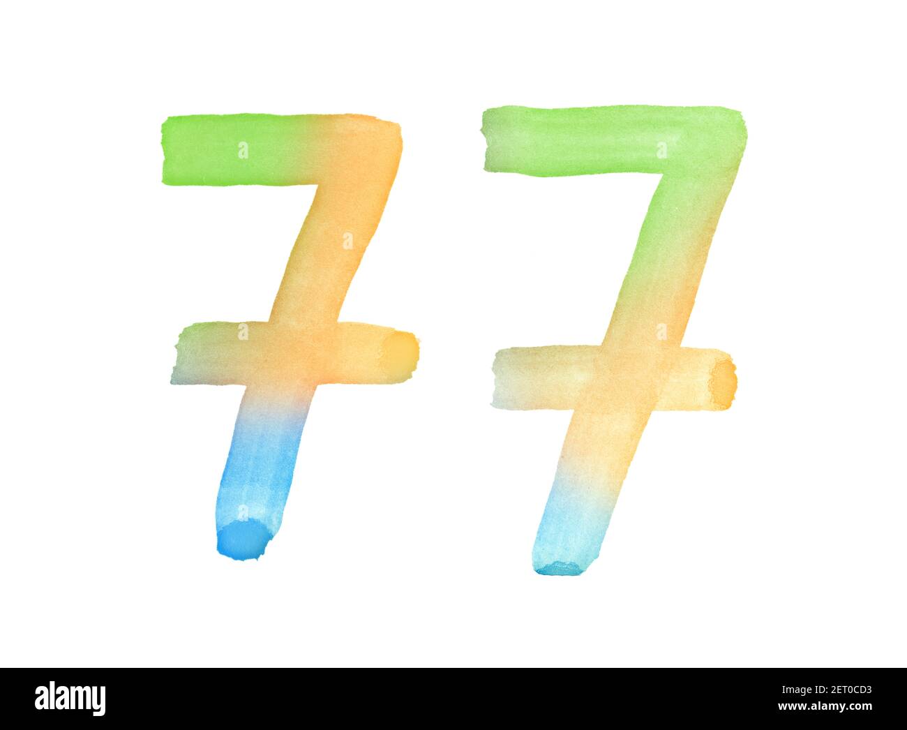 Aquarellnummern, handgezeichnet mit dem Pinsel. Mehrfarbiges Vintage-Symbol. Vorlage für Grüße, Design, Postkarten, Dekoration. Stockfoto