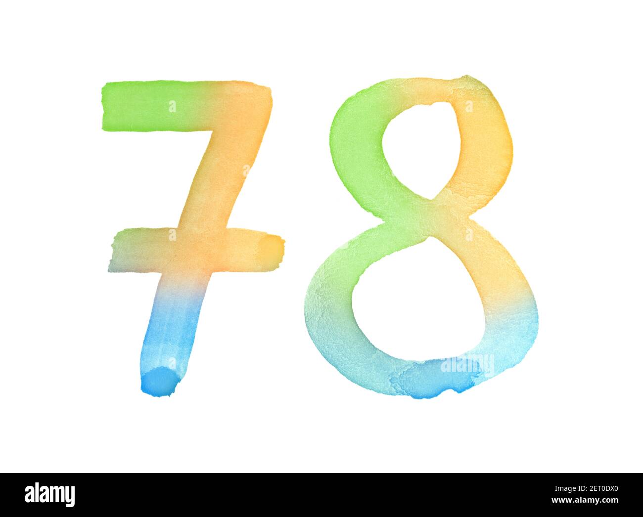 Aquarellnummern, handgezeichnet mit dem Pinsel. Mehrfarbiges Vintage-Symbol. Vorlage für Grüße, Design, Postkarten, Dekoration. Stockfoto