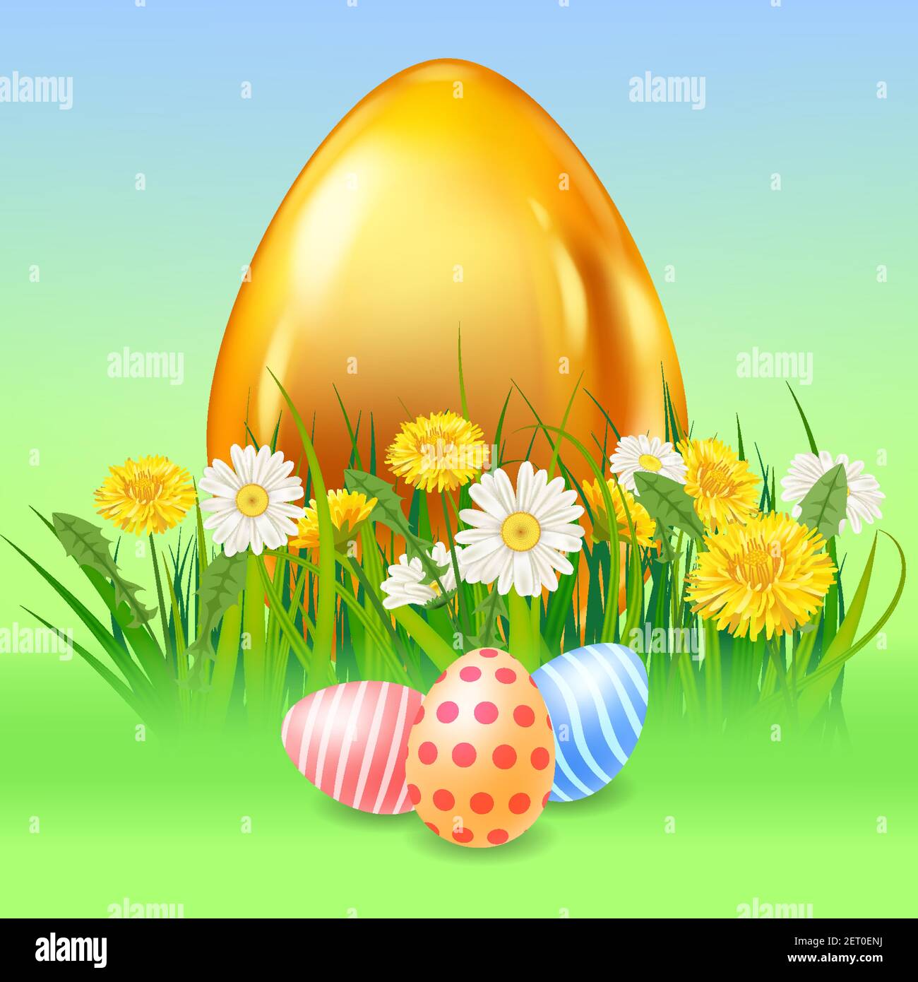 Banner-Vorlage für Ostereier in Gold. Goldener Glanz verziert, bemalte Eier, bunte Frühlingsblumen Kamille, Löwenzahn. Poster für Frühlingsferien Stock Vektor