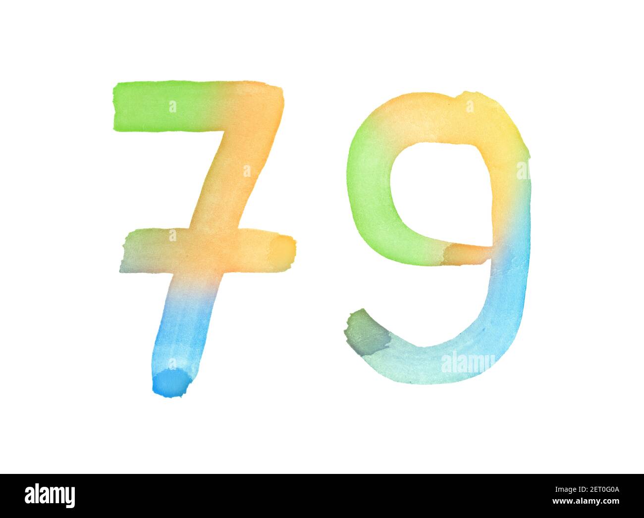 Aquarellnummern, handgezeichnet mit dem Pinsel. Mehrfarbiges Vintage-Symbol. Vorlage für Grüße, Design, Postkarten, Dekoration. Stockfoto