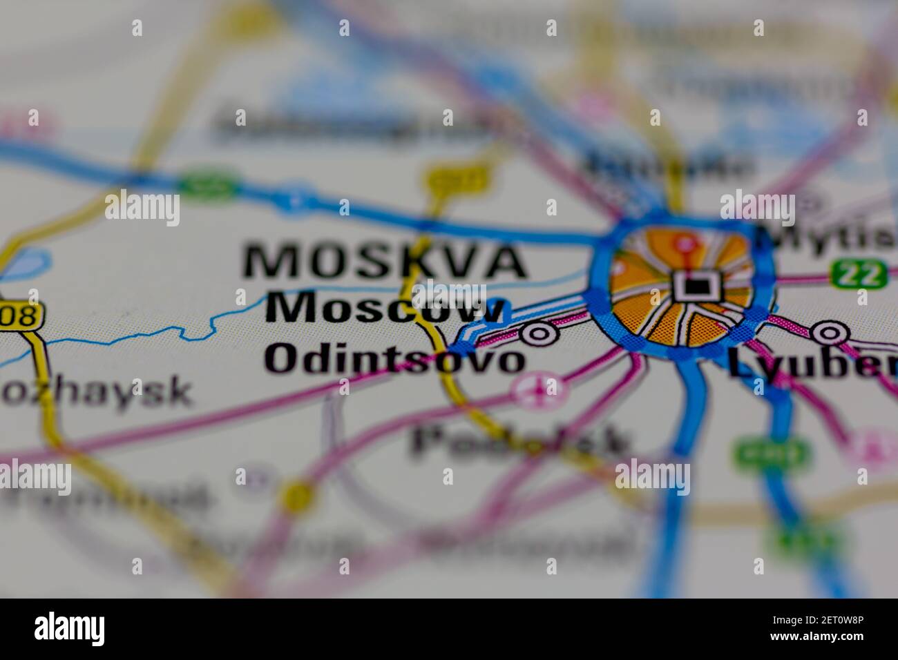 Moskau oder Moskwa auf einer Straßenkarte oder Geographie angezeigt Karte Stockfoto