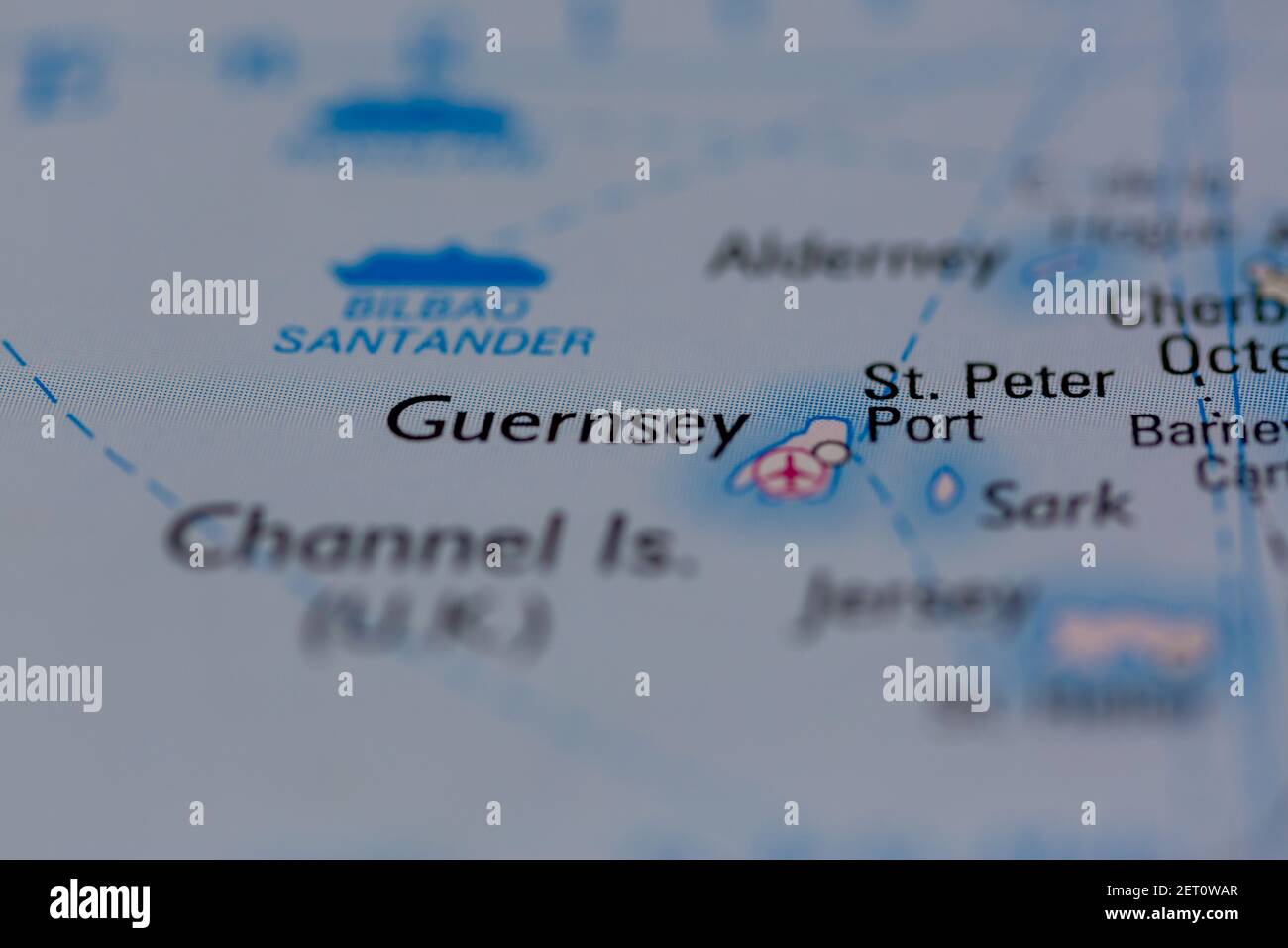 Guernsey in den Kanalinseln auf einer Straßenkarte dargestellt Oder geografische Karte Stockfoto