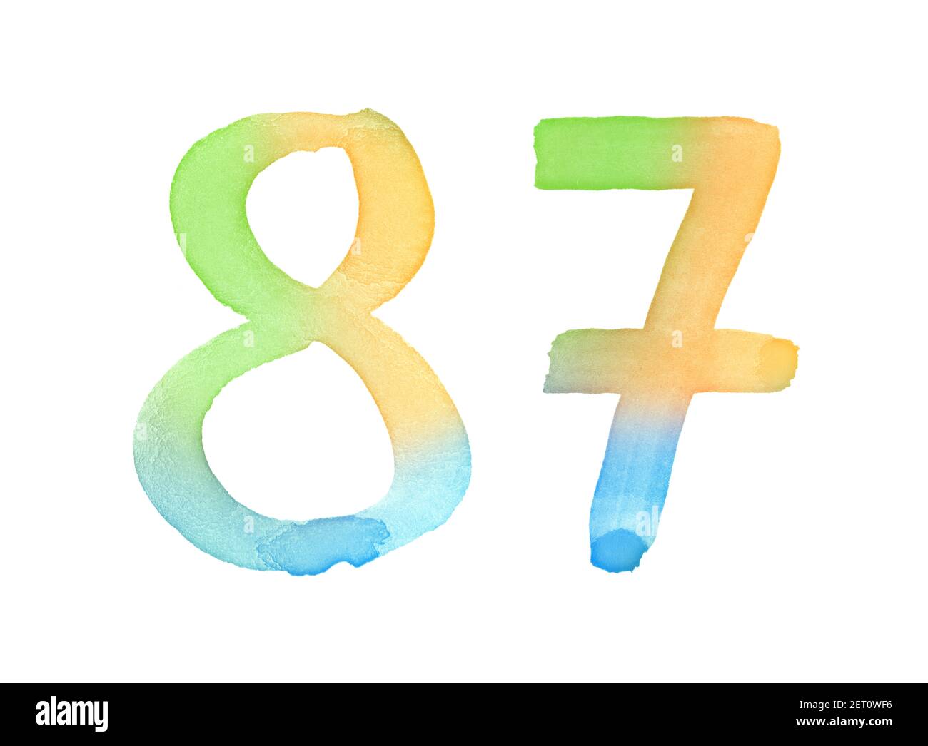 Aquarellnummern, handgezeichnet mit dem Pinsel. Mehrfarbiges Vintage-Symbol. Vorlage für Grüße, Design, Postkarten, Dekoration. Stockfoto