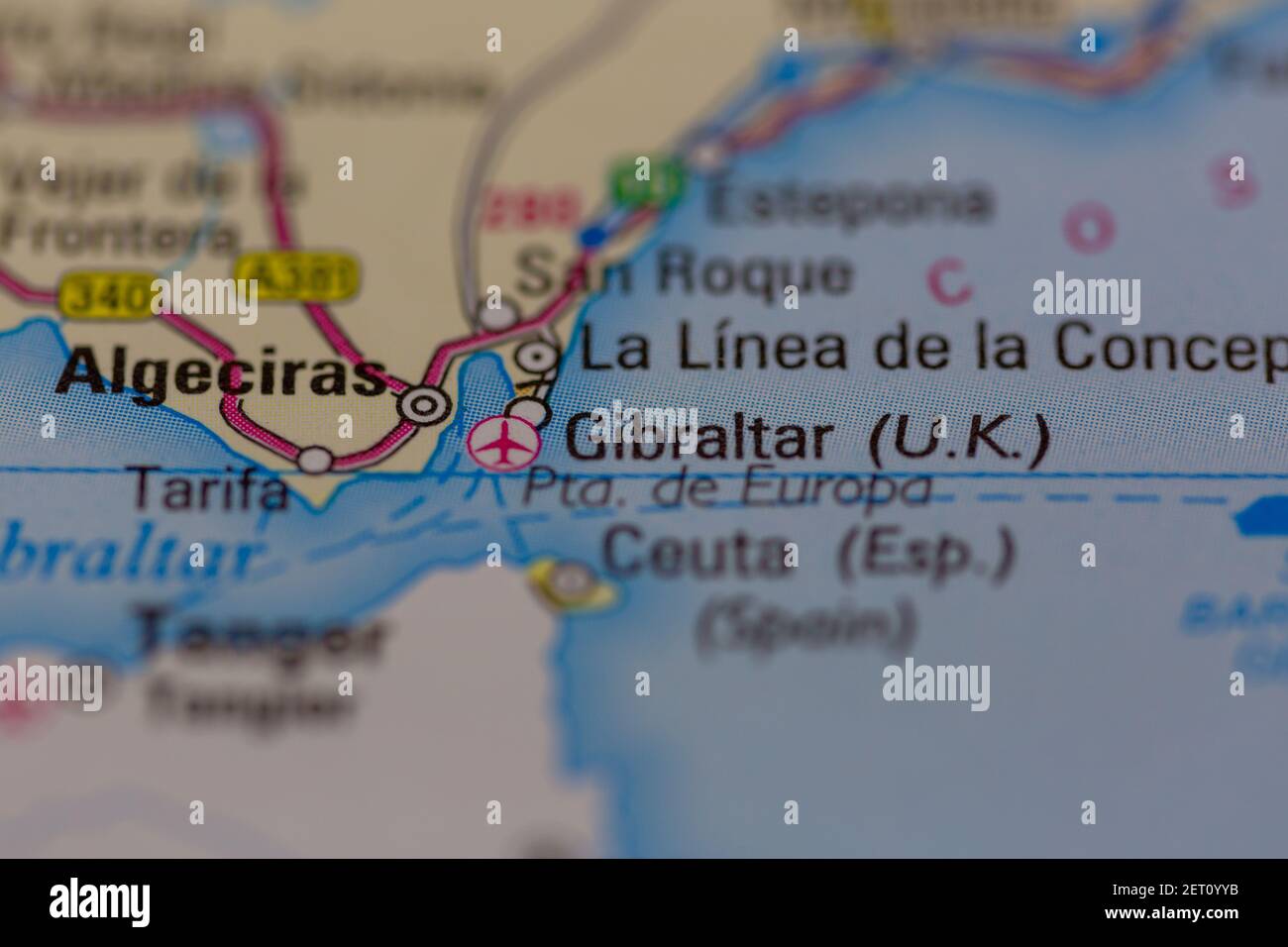 Gibraltar wird auf einer Straßenkarte oder Geografie-Karte angezeigt Stockfoto
