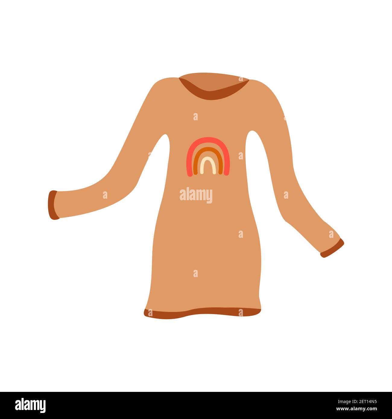 Kleid in Beige mit Print in Form eines Regenbogens. Kleidungsstück, kuscheliges Frauenkleid, Tunika. Bunte Vektor isoliert handgezeichnete Illustration, boho c Stock Vektor