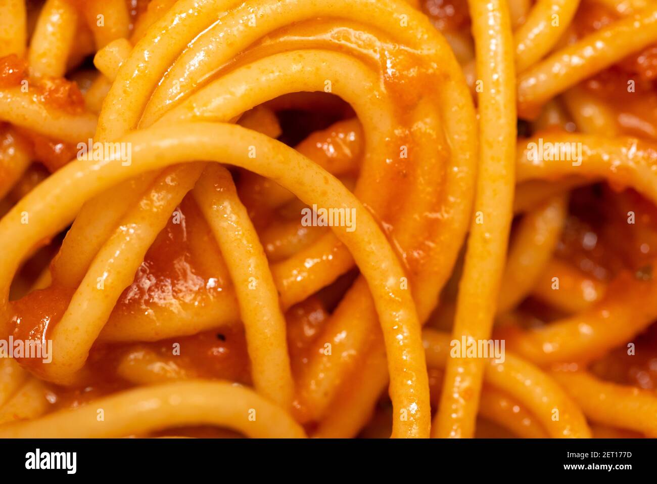 Extreme Nahaufnahme Makroaufnahme von Spaghetti-Nudeln mit Tomatensauce. Stockfoto