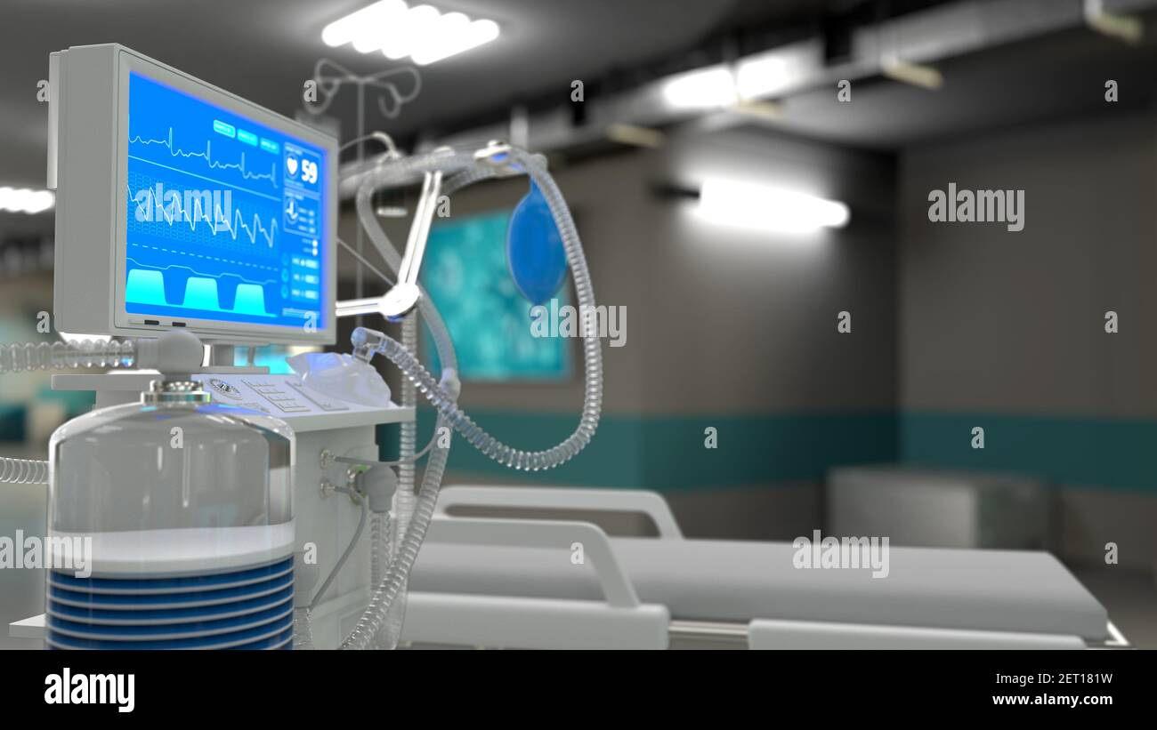 Medizinische Beatmungsgeräte auf der Intensivstation in der Klinik, cg Medicine 3D Illustration Stockfoto