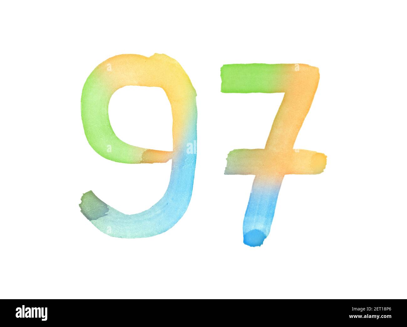 Aquarellnummern, handgezeichnet mit dem Pinsel. Mehrfarbiges Vintage-Symbol. Vorlage für Grüße, Design, Postkarten, Dekoration. Stockfoto