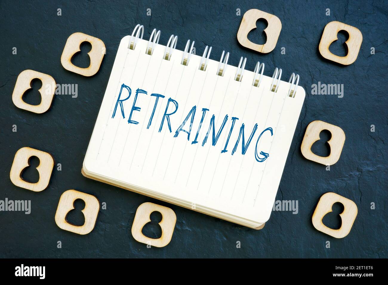 Umschulung Wort auf dem Notizblock und kleine Figuren. Stockfoto