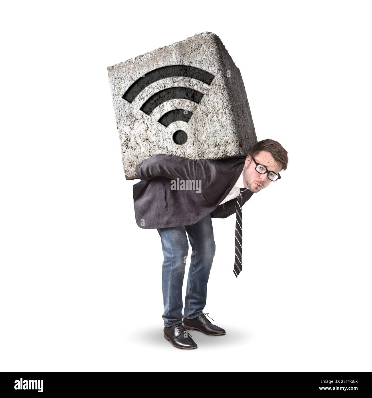 Geschäftsmann von einem schweren Stein mit einem WiFi-Symbol belastet Auf dem Rücken Stockfoto