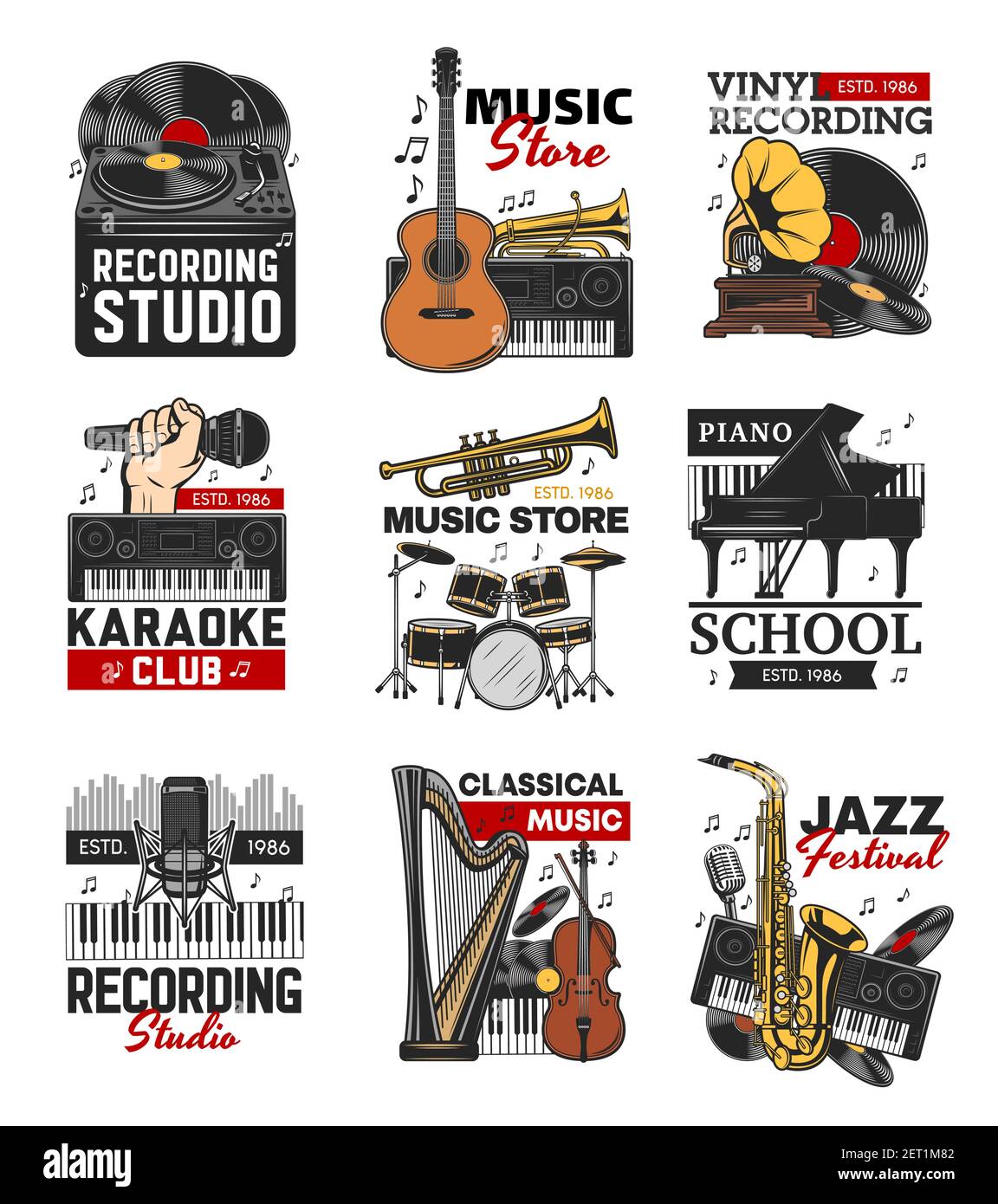 Musik isolierte Ikonen mit Vektor-Musikinstrumenten, Mikrofonen, Schallplatten und Vintage-Grammophon. Klavier, Trommel, Gitarre und Saxophon, plattenspieler pla Stock Vektor