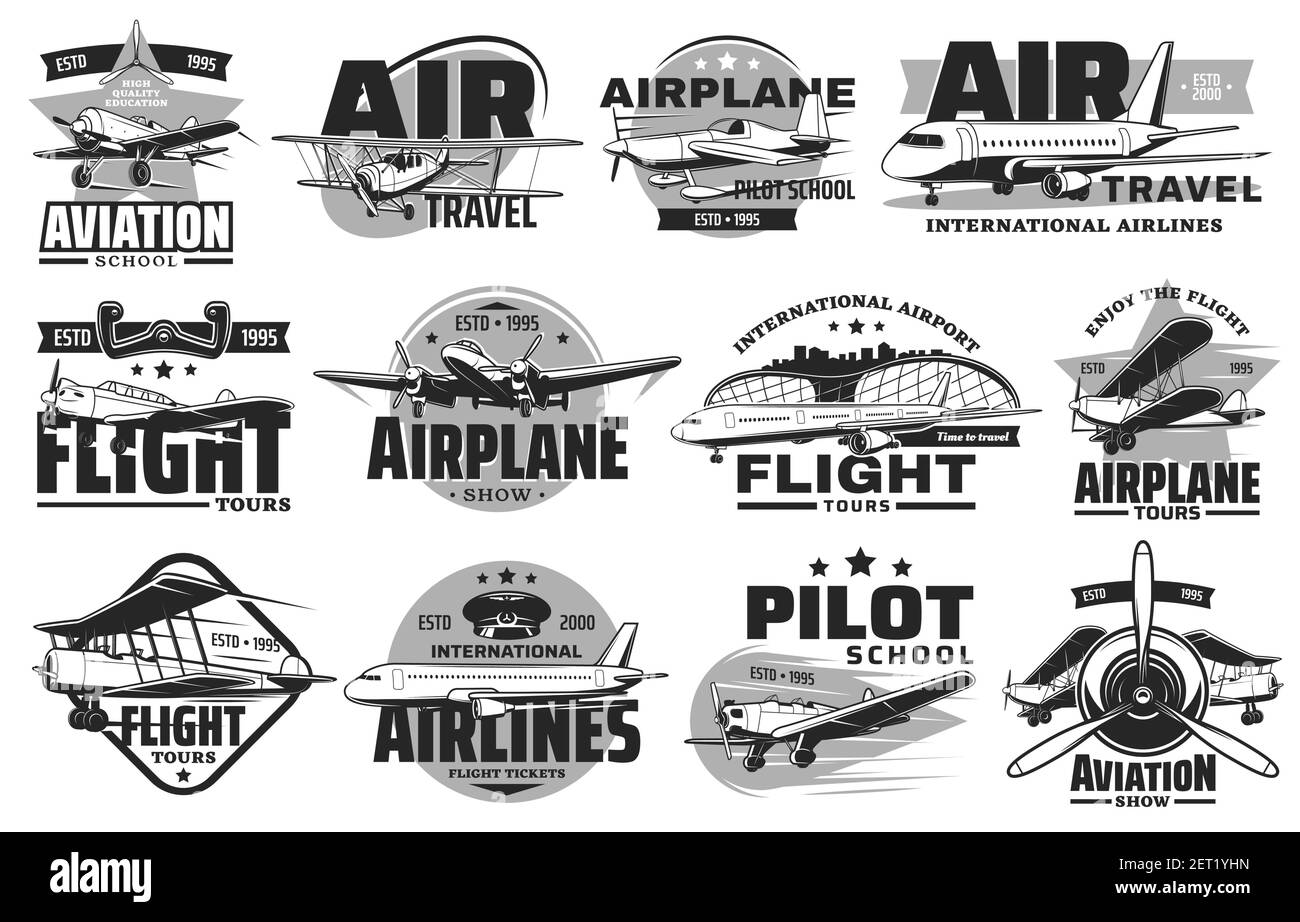 Symbole für Pilotkurse und Flugtouren gesetzt. Luftfahrtmesse, internationale Fluggesellschaft und Flugschule Emblem oder Abzeichen. Modernes Passagierflugzeug und Flughafenterminal Stock Vektor