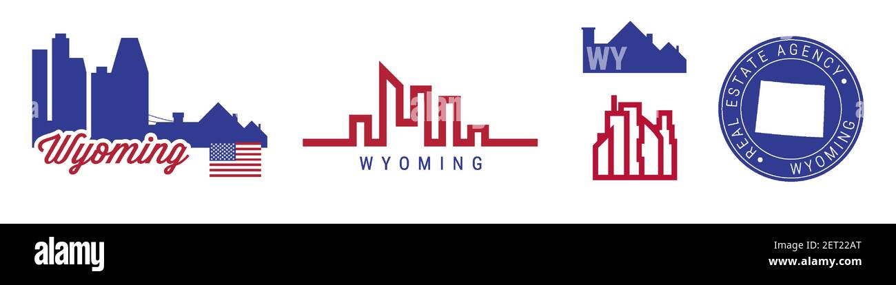 Wyoming Immobilienagentur. SYMBOLSATZ FÜR US realty Emblem. Flache Vektorgrafik. Farben der amerikanischen Flagge. Große Stadt und Vororte. Einfache Silhouette Karte in Stock Vektor