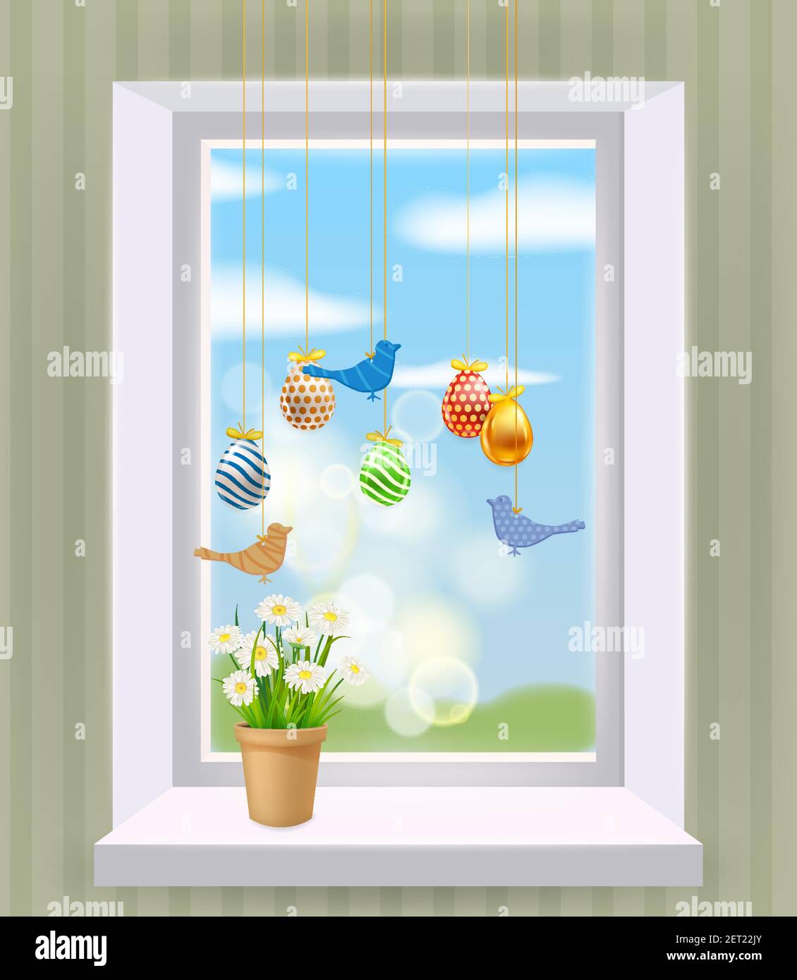 Osterfenster mit bunten Ostereiern und Vögeln. Bunte Frühlingsblumen  Kamille, Löwenzahn im Topf. Poster für Frühlingsferien Stock-Vektorgrafik -  Alamy