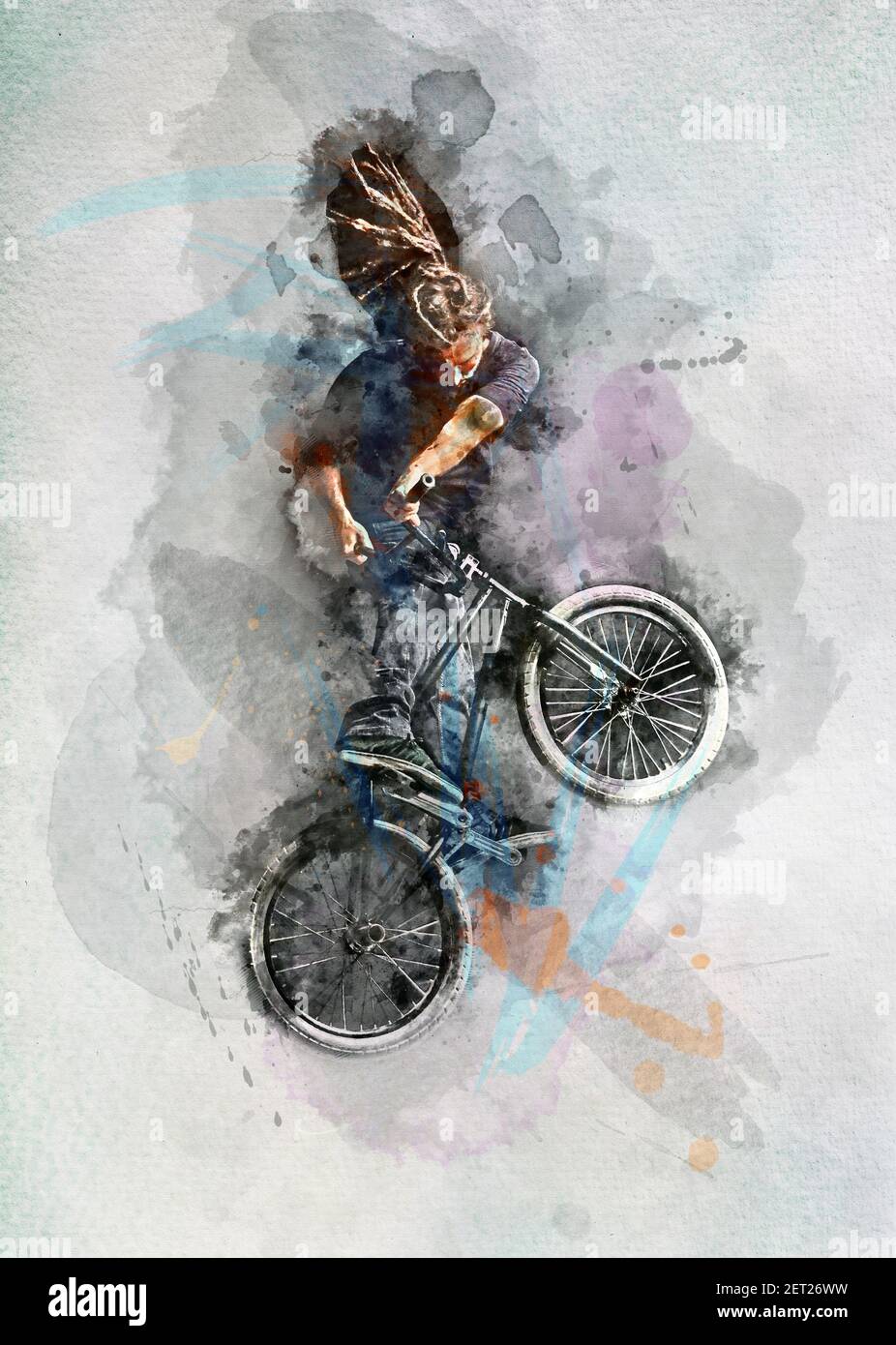 Aquarell-Gemälde eines Mannes, der einen extremen Stunt auf seinem BMX-Fahrrad macht. Professioneller Fahrer. Sport. Aquarellbild. Stockfoto