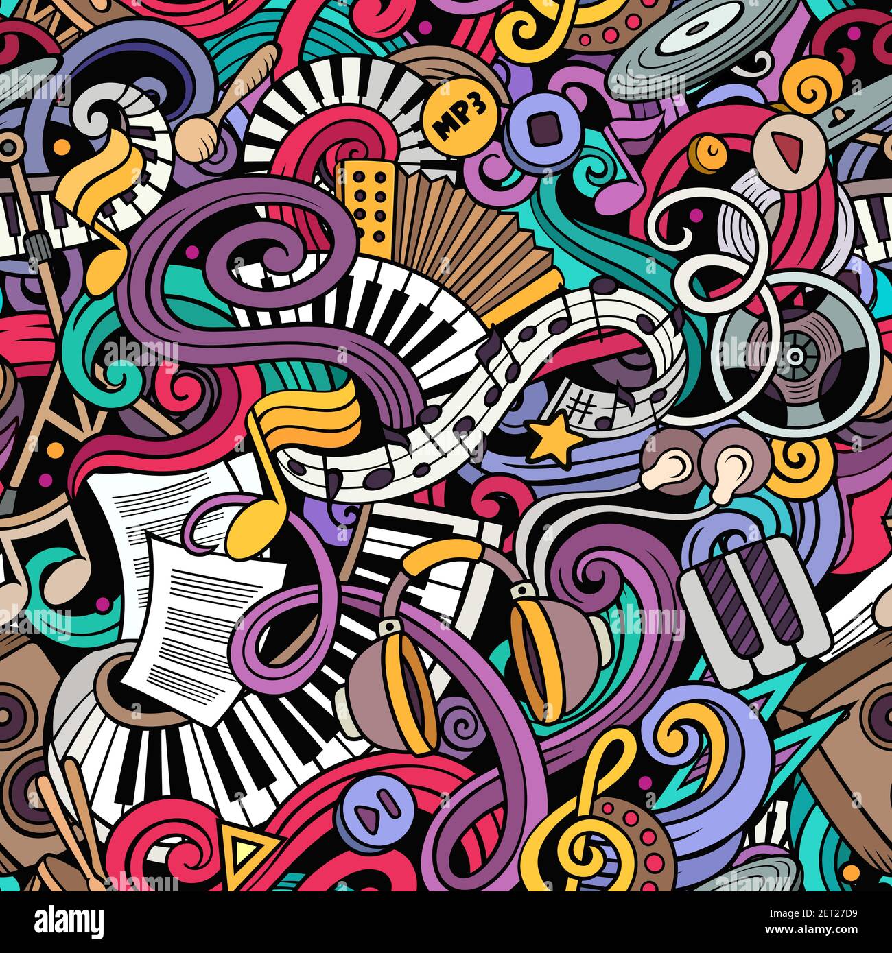 Musik handgezeichnete Kritzeleien nahtlose Muster. Musikinstrumente Hintergrund. Cartoon-Druck in Stoff-Dessin. Bunte Vektorgrafik Illustration Stock Vektor