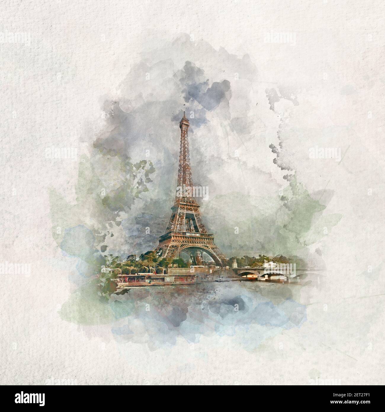 Eiffelturm in Paris, Frankreich in Aquarellmalerei. Die berühmtesten Städte und Touristenattraktionen der Welt. Stockfoto