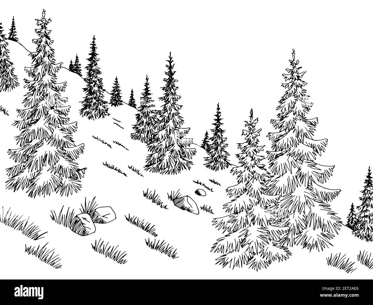 Bergwald Hügel Grafik schwarz weiß Landschaft Skizze Illustration Vektor Stock Vektor
