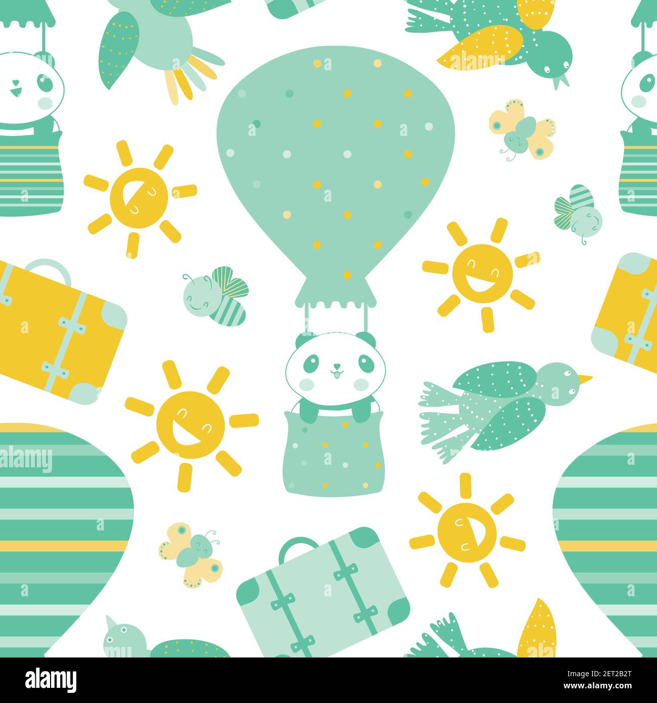 Cute Kawaii Panda Reisen in Heißluftballons nahtlose Vektor-Muster Hintergrund. Blaugelbe Kulisse mit Cartoon-Bären., Koffer, Sonne Stock Vektor