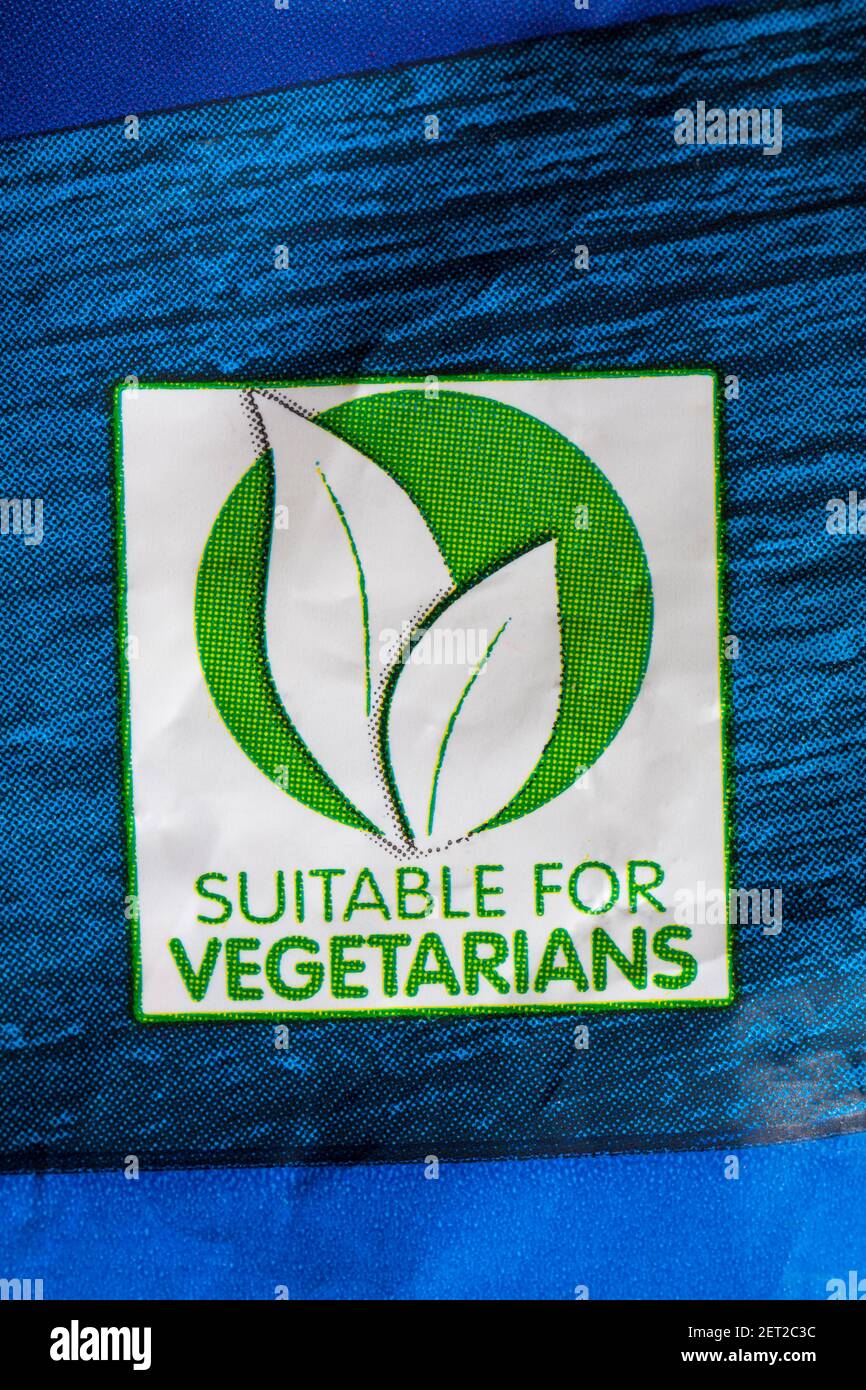 Geeignet für Vegetarier Symbol Logo Detail auf Packung Tante Bessie's knusprige und flauschige Krawatten Stockfoto