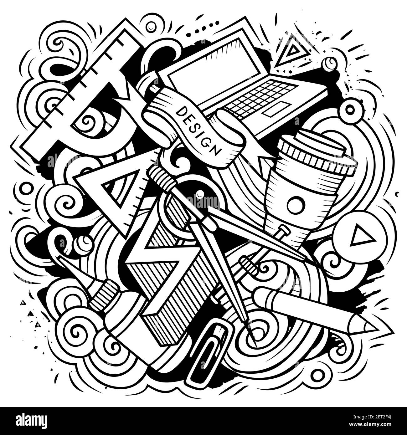 Cartoon Vektor Doodles Kunst und Design Illustration. Linienkunst, detailliert, mit vielen Objekten Hintergrund. Alle Objekte getrennt. Künstlerisches lustiges Bild Stock Vektor