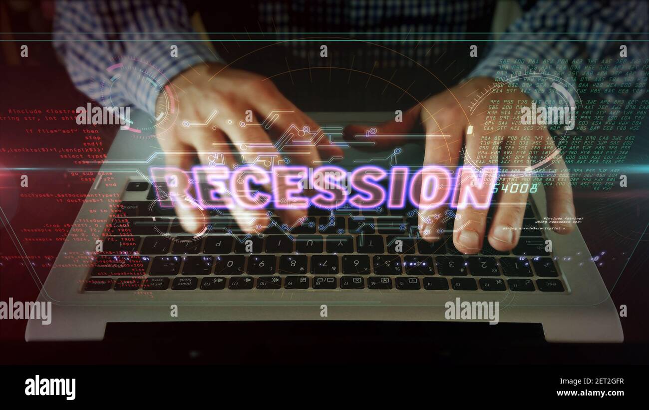 Rezessionskonzept, globale Unternehmenskrise, Finanzmarkt-, Wirtschafts- und Handelszusammenbruch. Futuristische abstrakte 3D Rendering Illustration. Stockfoto