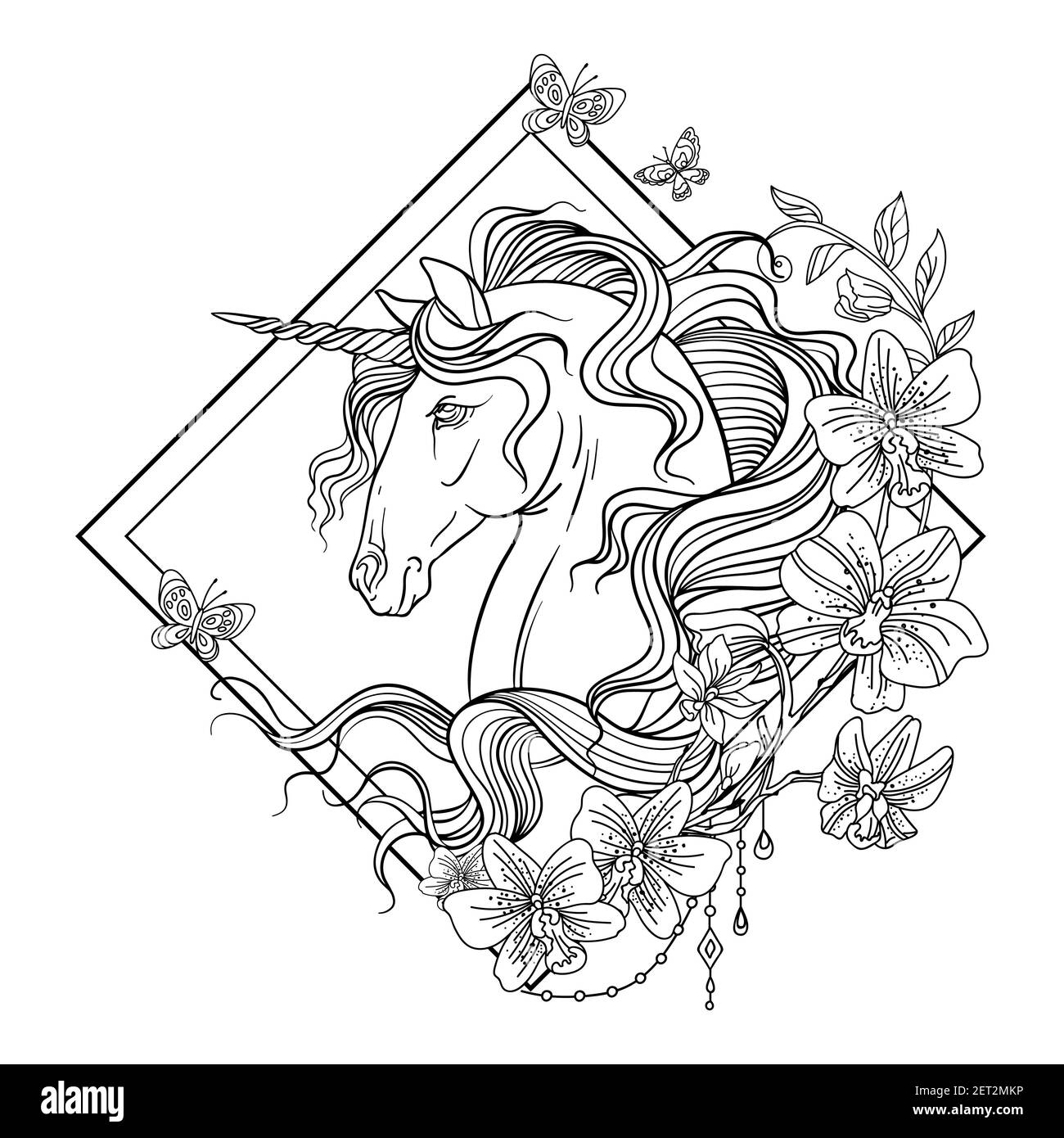 Eleganter Kopf des Einhorns mit einer langen Mähne im floralen Rahmen. Vektor schwarz-weiß isolierte Konturdarstellung zum Ausmalen von Buchseiten, Design, PR Stock Vektor