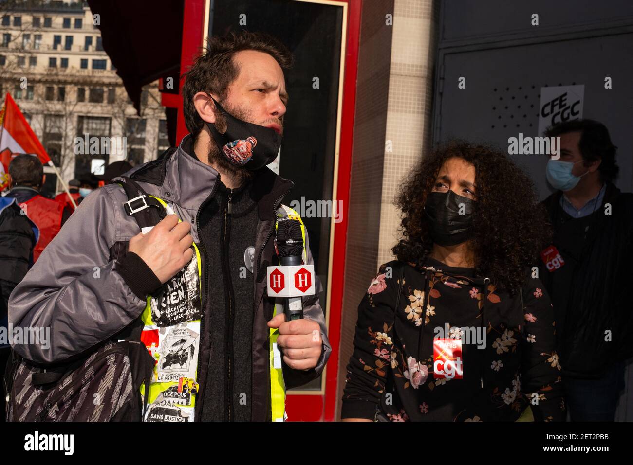 Paris, Frankreich. März 2021, 01st. Am 01. März 2021 fand im Restaurant Pizza Pino auf der Champs Elysées in Paris eine gewerkschaftliche Kundgebung statt. Die Restaurantkette erwartet mehr als hundert Entlassungen. Foto von Pierrick Villette/Avenir Pictures/ABACAPRESS.COM Quelle: Abaca Press/Alamy Live News Stockfoto