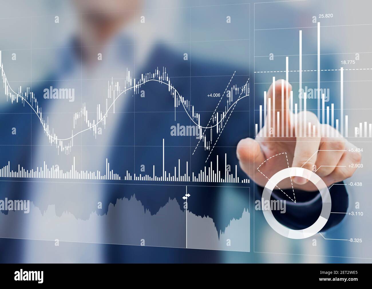Finanzportfolio- und Vermögensverwalter, der Investmentstatistiken und Indikatoren auf dem Dashboard für Handelsprodukte analysiert. Geschäfts- und Finanzstrategie Stockfoto