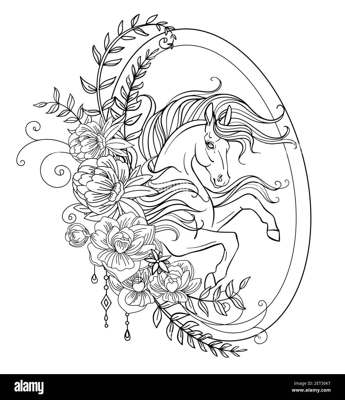 Kopf des Einhorns im Profil mit einer langen Mähne im abstrakten Blumenrahmen. Vektor schwarz-weiß isolierte Konturdarstellung zum Ausmalen von Buchseiten Stock Vektor