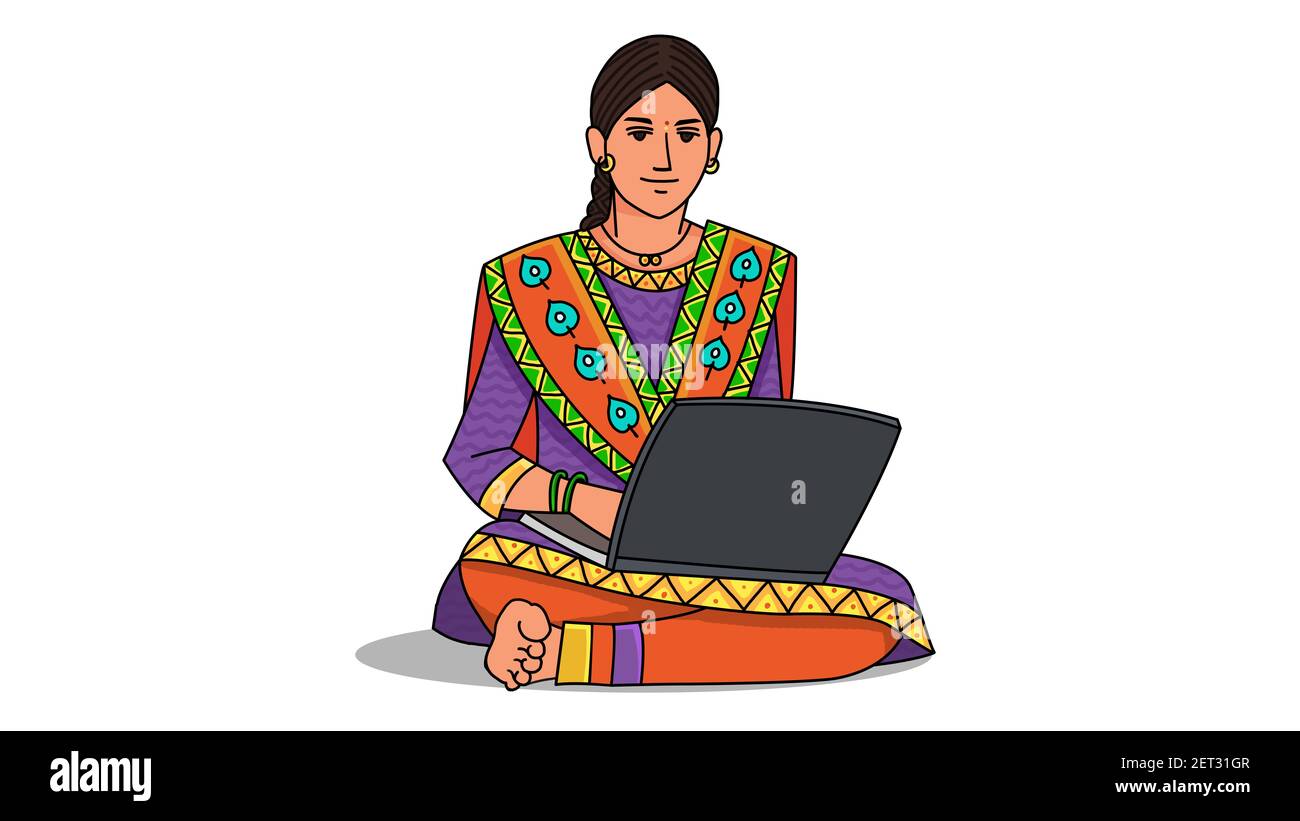 Indische Dorf Mädchen mit Laptop-Technologie. Stockfoto