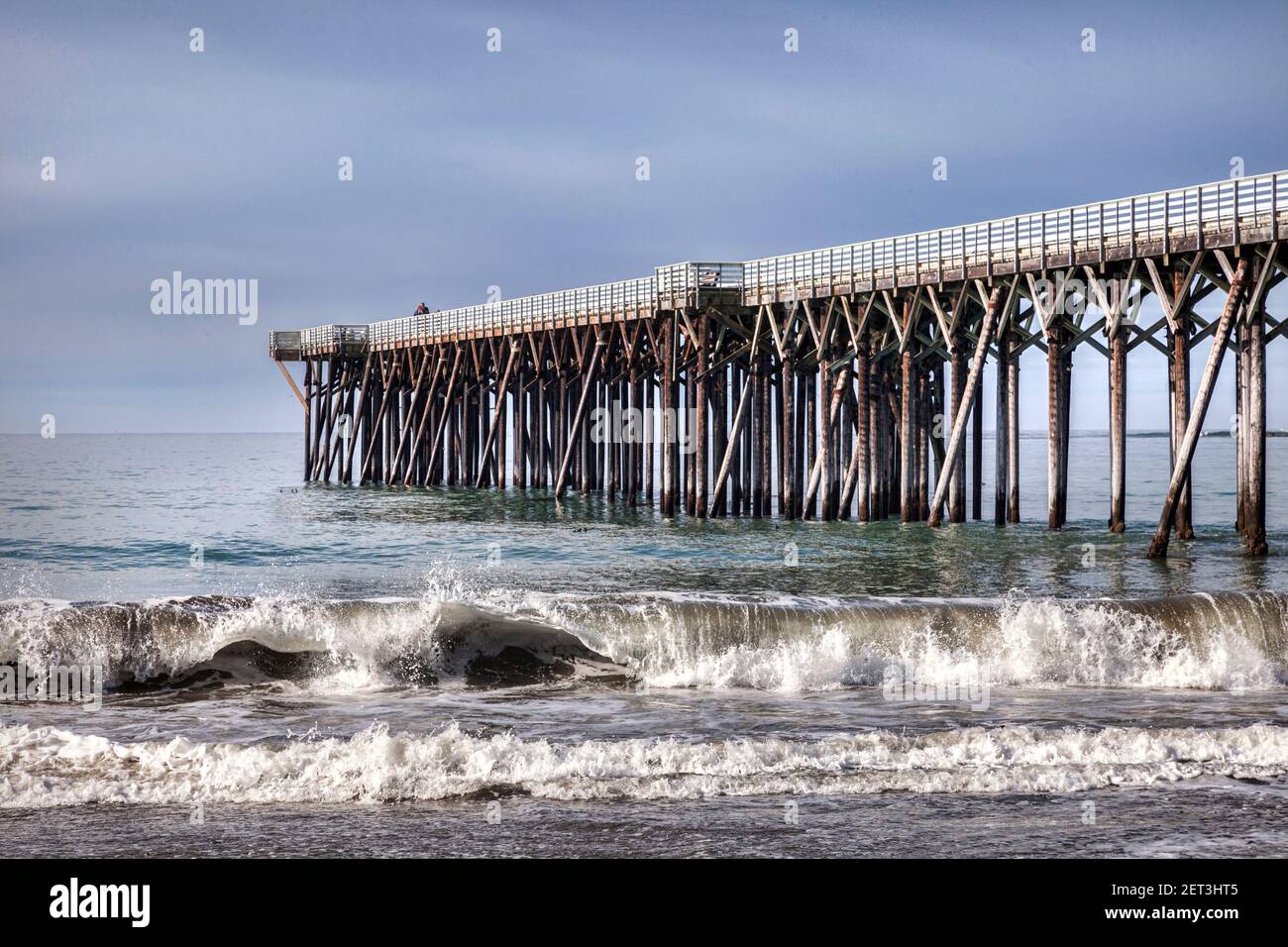 Pier und Surfen am William Randolph Hearst Memorial State Beach, San Luis Obispo County, California, USA. Stockfoto