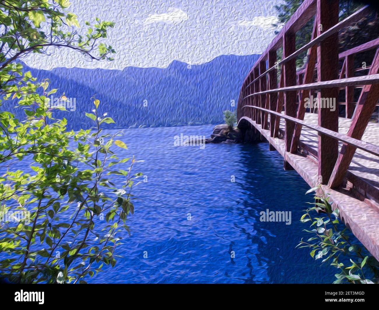 Eine Brücke am Nordufer des Lake Crescent, nahe Port Angeles, WA. Digital verändert, um wie ein Ölgemälde aussehen. Stockfoto