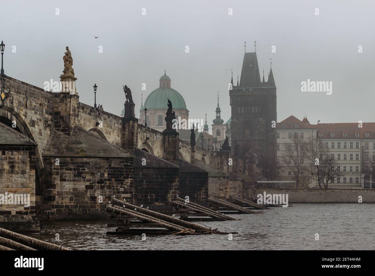 Blick auf die Karlsbrücke, Altstädter Brückenturm und Moldau in nebligen Morgen, Prag, Tschechische Republik.Gebäude und Wahrzeichen der Altstadt. Stockfoto