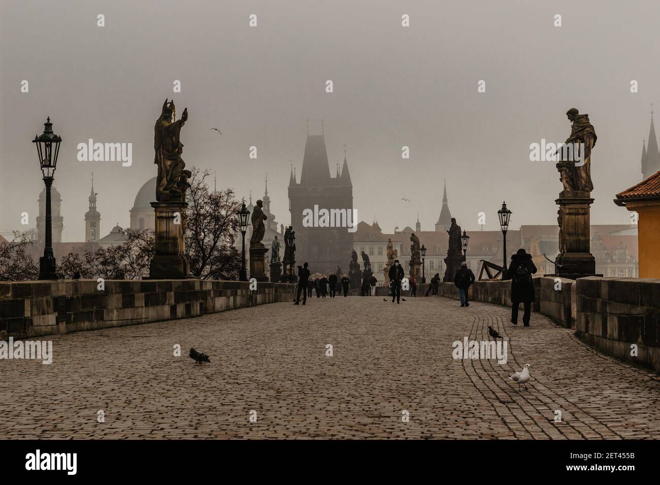 Prag, Tschechische Republik - 24. Februar 2021.Menschen mit Gesichtsmasken gegen covid19 Coronavirus, die auf der nebligen Karlsbrücke spazieren.Erwachsene mit Masken Stockfoto