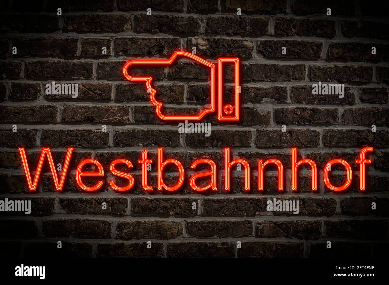 Detailfoto eines Neonschildes an einer Wand mit Die Inschrift Westbahnhof (Westbahnhof) Stockfoto