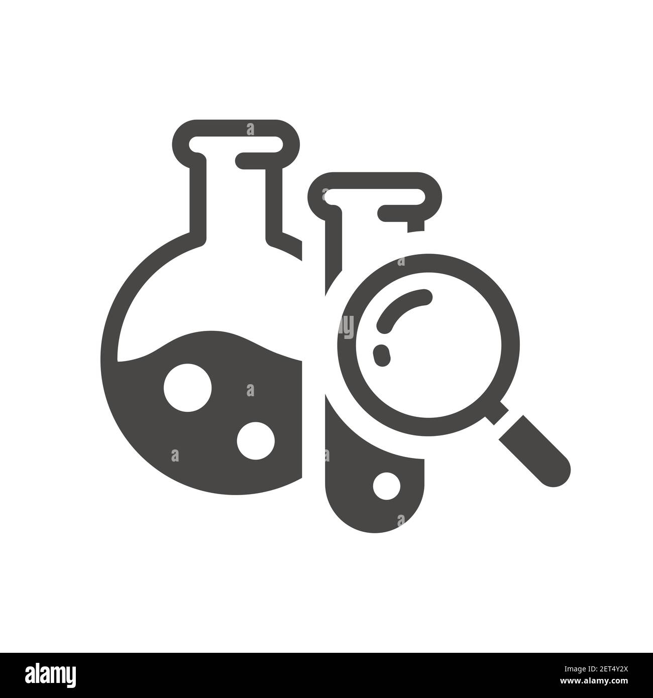 Reagenzgläser mit Lupensymbol für chemische Tests. Laborflasche, Rohr und Lupe, Forschung, Wissenschaft Vektor-Symbol. Stock Vektor