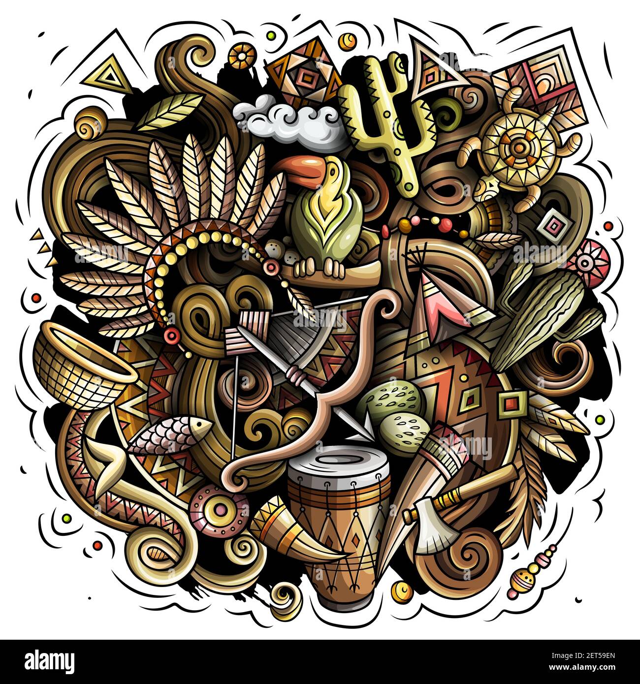 Native American Cartoon Vektor Doodle Design. Farbenfrohe, detailreiche Komposition mit vielen ethnischen Objekten und Symbolen. Alle Elemente sind getrennt Stock Vektor