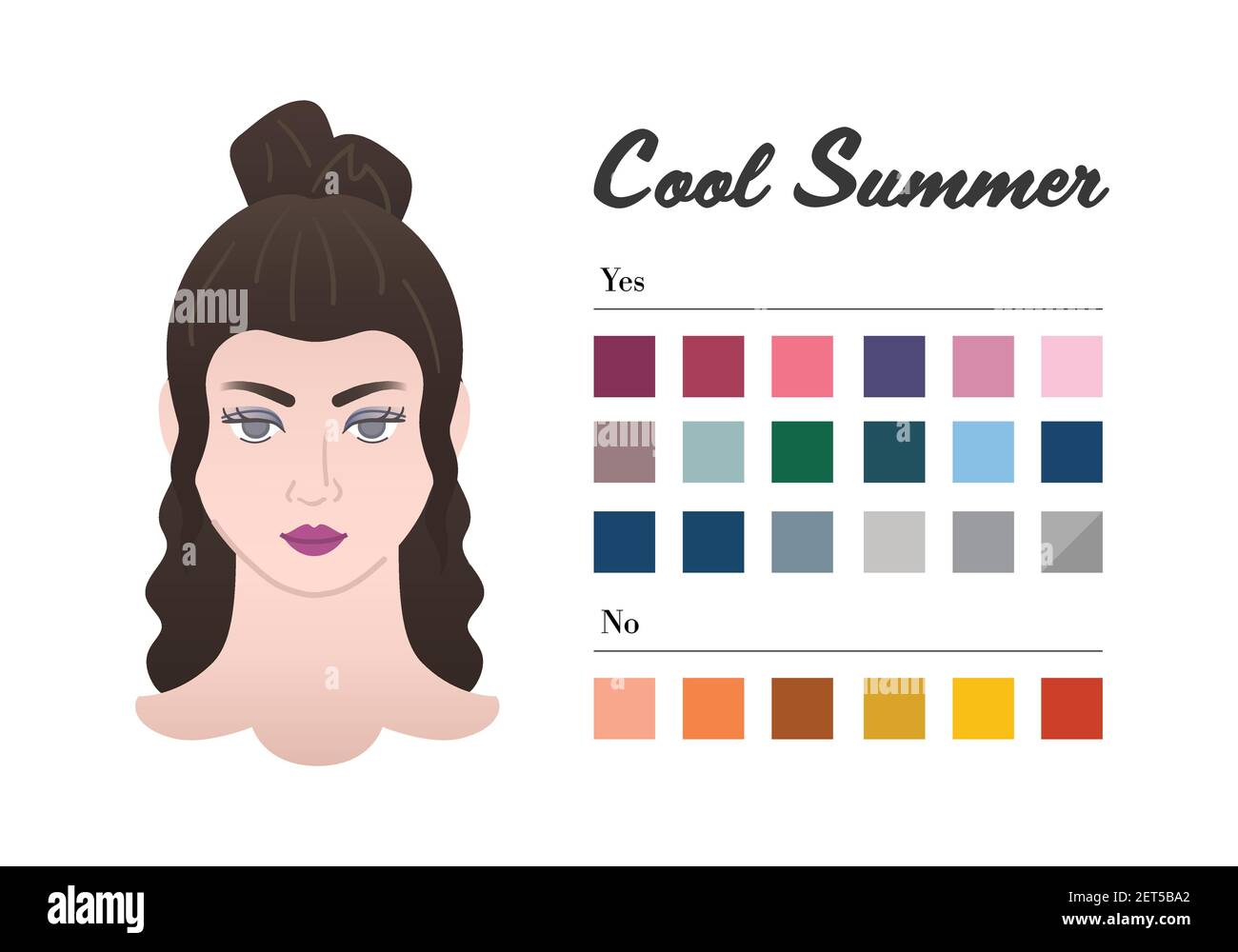 12 Jahreszeiten Farbvarianten für Frauen - Cool Sommer Typ. Perfekte Farbe für Ihre Garderobe. Tun und nicht färben in 12 Saison Analyse Stock Vektor