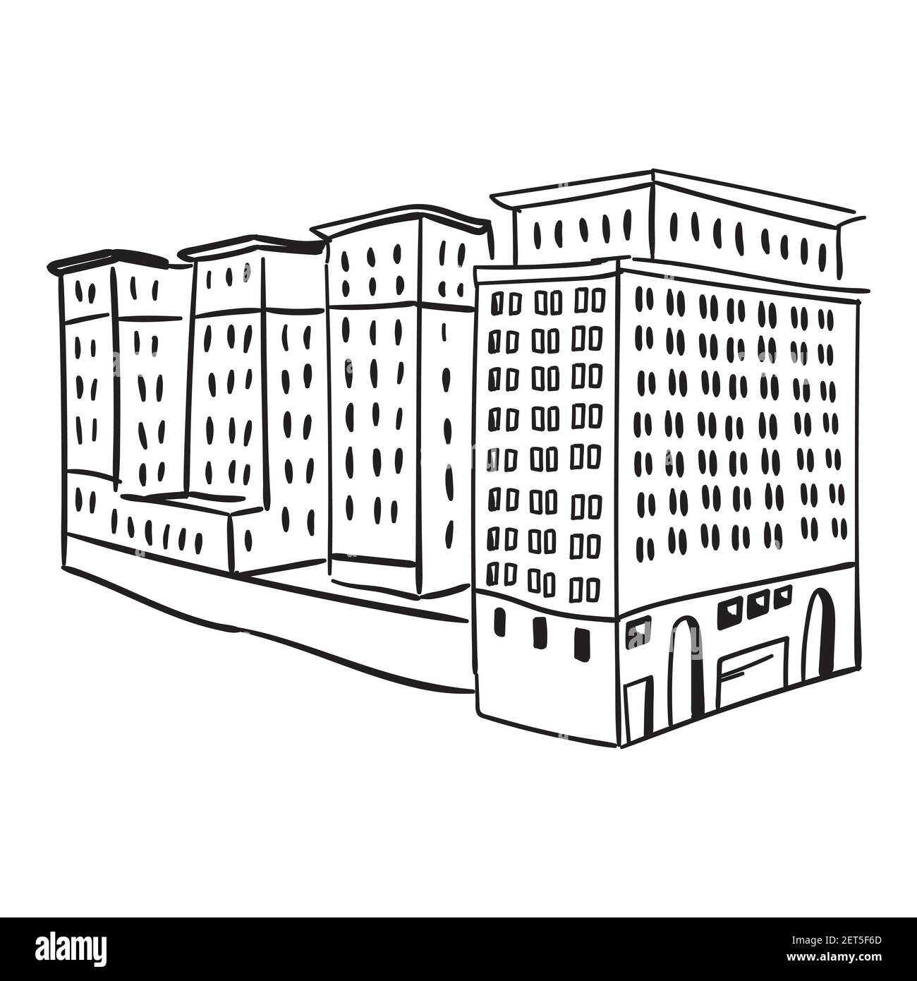 Doodle handgezeichnete Skizze des modernen hohen Gebäudes mit Fenstern. Mehrere Elemente. Schwarzer Umriss. Vektorgrafik isoliert auf weißem Hintergrund Stock Vektor