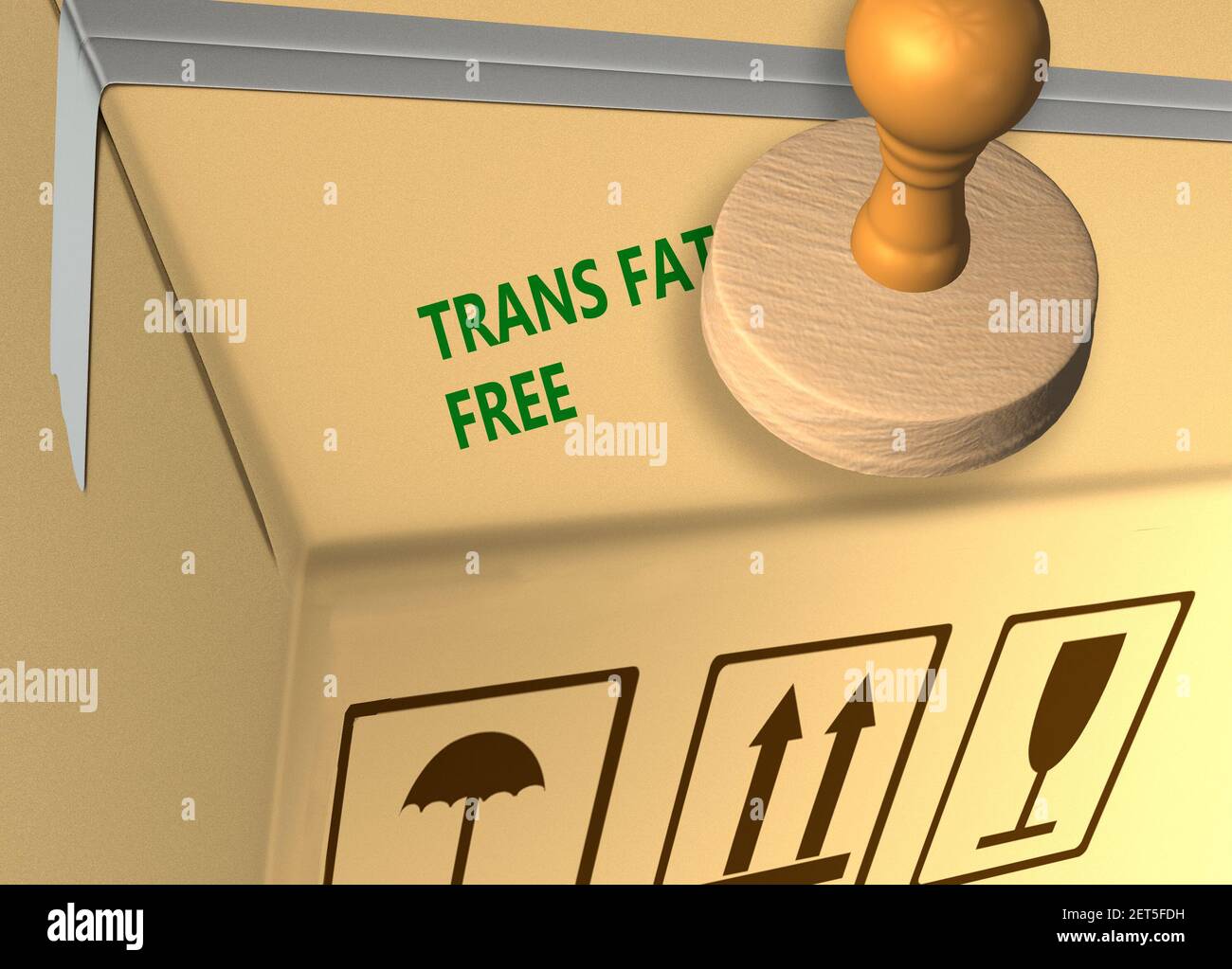 3D Abbildung des TRANS FAT FREIEN Stempeltitels auf einem Warenkarton Stockfoto