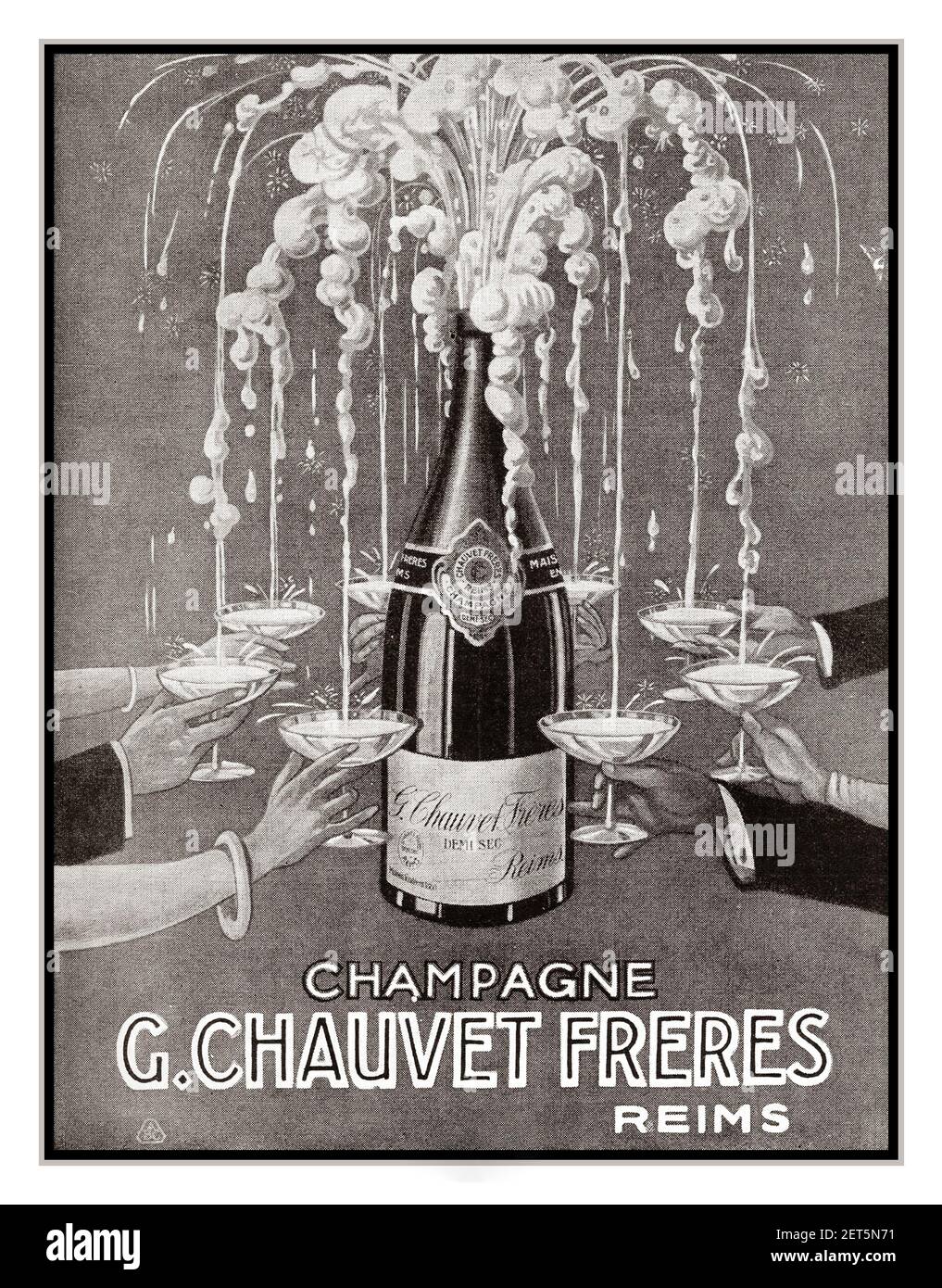 Vintage Pressewerbung Champagne Chauvet Frères Poster 1920er Jahre Werbung Reims Frankreich (Schwarzweiß) Stockfoto