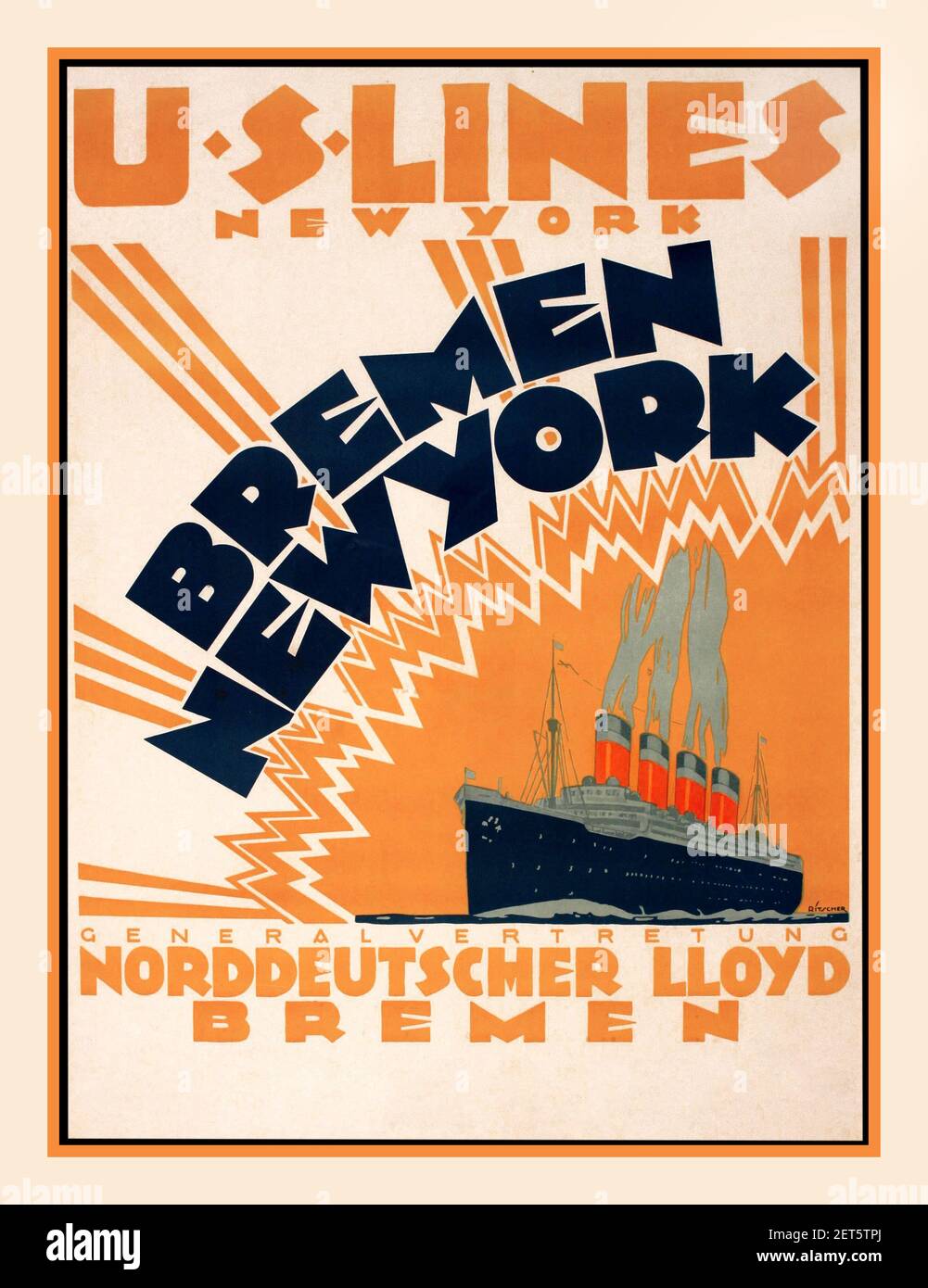 Vintage US-Lines travel 1930er Jahre Bremen New York Poster Lithographie, Transatlantic Ocean Liner 4 Trichter Dampfschiff Ocean Liner Transatlantik Original Poster gedruckt von Hauschild Bremen 1934 Norddeutscher Lloyd Künstler A. Ritscher Stockfoto