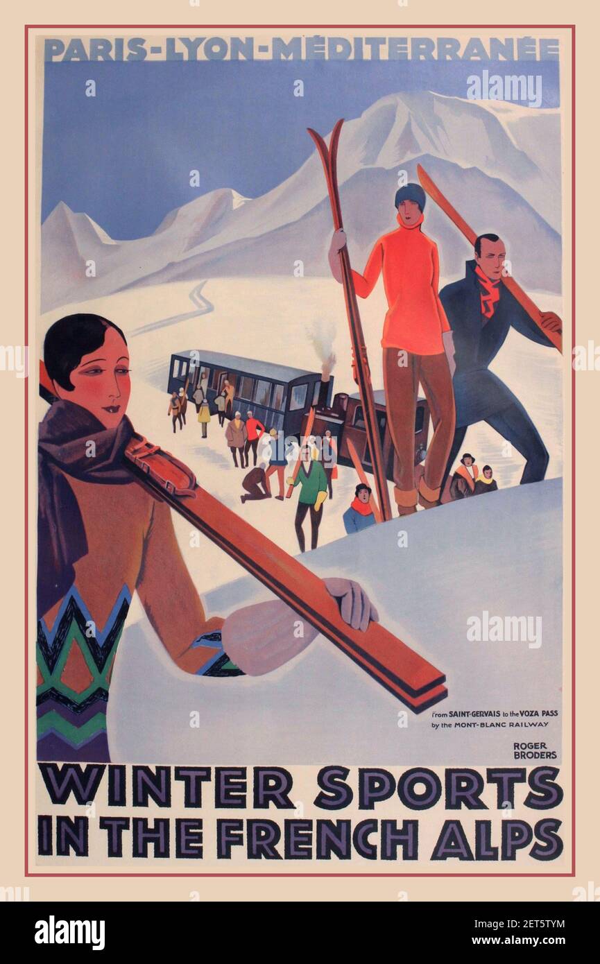 Vintage Travel 1930er Jahre Wintersport Skifahren in den französischen Alpen, original Poster gedruckt von La Serre & Cie, Imp. Paris 1930 – Roger Broders (1883-1953) Stockfoto