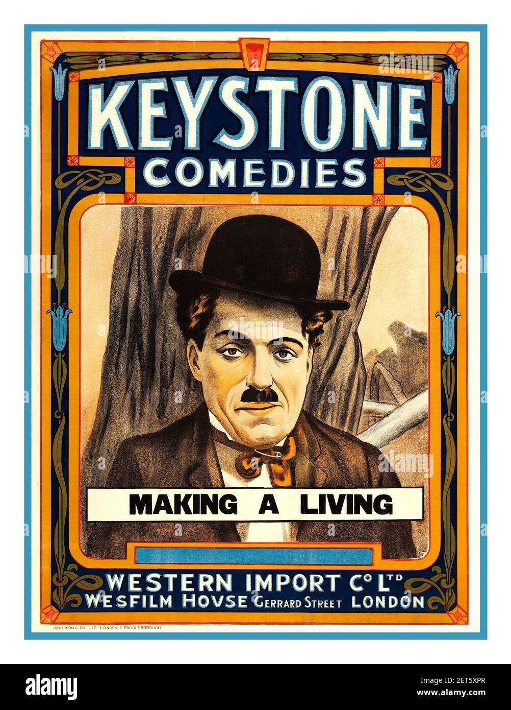 Charlie Chaplin Vintage 1914 Film Movie Cinema Poster Keystone Comedy 1914 - MAKING A LIVING - Henry Lehrman - (1915, British) Farbe Lithographie Stockfoto