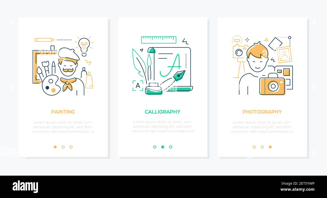 Hobbys - Vektor-Linie Design Stil Web-Banner mit Kopieplatz für Text. Unterhaltung, Bildungsidee. Malerei, Kalligraphie, Fotografie Freizeit Akt Stock Vektor