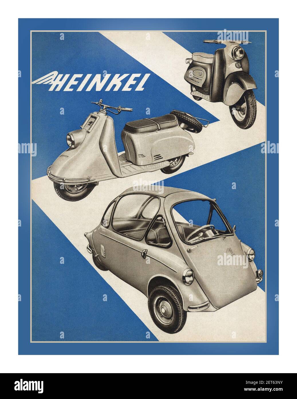 Vintage Poster für deutsche Heinkel Post WW2 Roller und 'Bubble Three Wheeler Car' 1950 Stockfoto