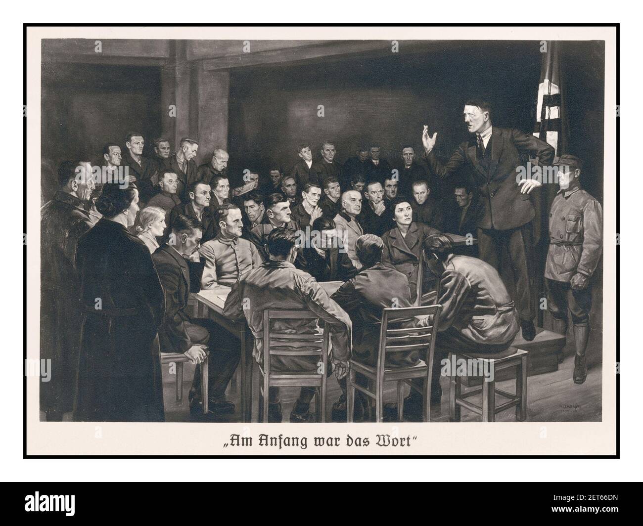 1930er Jahre Adolf Hitler & Nazi Swastika Flagge frühe Propaganda Foto Abgeleitete Plakatdarstellung mit kleiner Gruppe von Unterstützern mit tititile 'Am Anfang war das Wort' (Am anfang war das Wort) Nazi-Propagandakarte München Deutschland Stockfoto